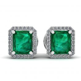 Boucles d'Oreilles Tige Emeraude 2 carats avec Halo de Diamants Or Blanc