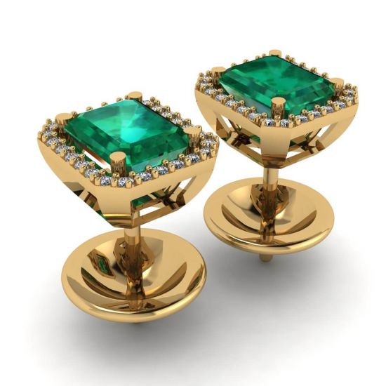 Boucles d'Oreilles Tige Emeraude 2 carats avec Halo de Diamants en Or Jaune, More Image 1