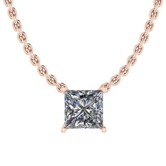 Collier Princesse Diamant Solitaire sur Chaîne Fine Or Rose, Image 1