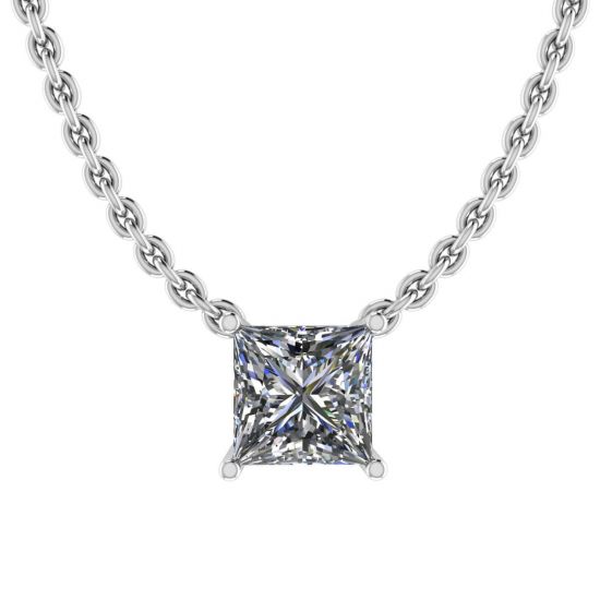 Collier Solitaire Diamant Princesse sur Chaîne Fine Or Blanc, Image 1