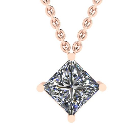 Collier Solitaire Diamant Taille Princesse Rhombus Or Rose, Image 1