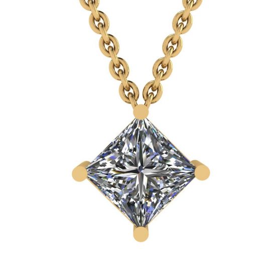 Collier Solitaire Losange Diamant Taille Princesse Or Jaune, Image 1