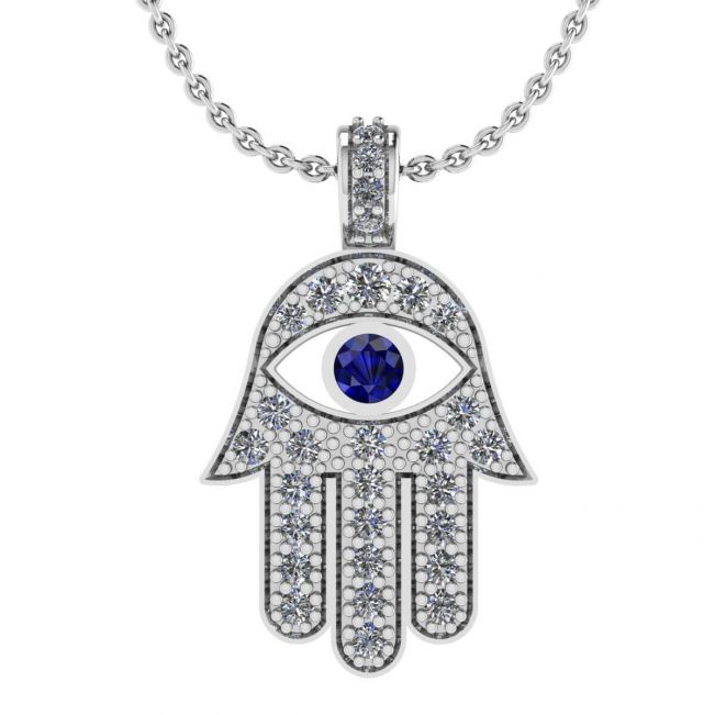 Pendentif Hamsa avec Diamants et Saphirs Or Blanc