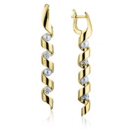 Boucles d'Oreilles Longues Perles de Mer et Diamants Or Jaune - Collection Ruban